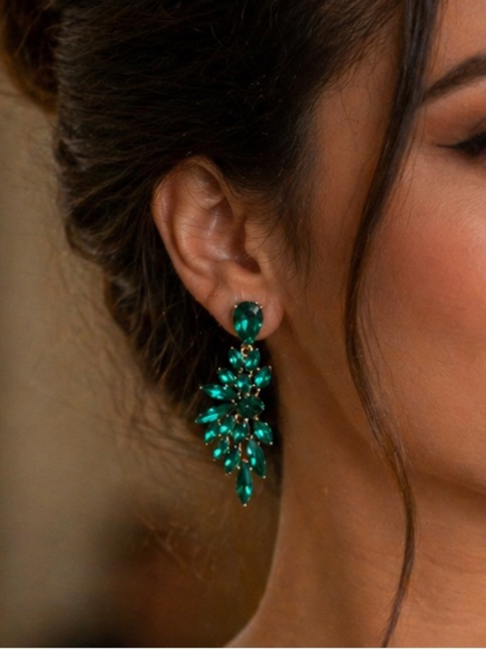 Emerald Green Teardrop Cluster Drop Earrings - New